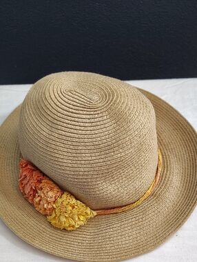 C.C Beige Straw Hat with Orange and Yellow Flower Trim